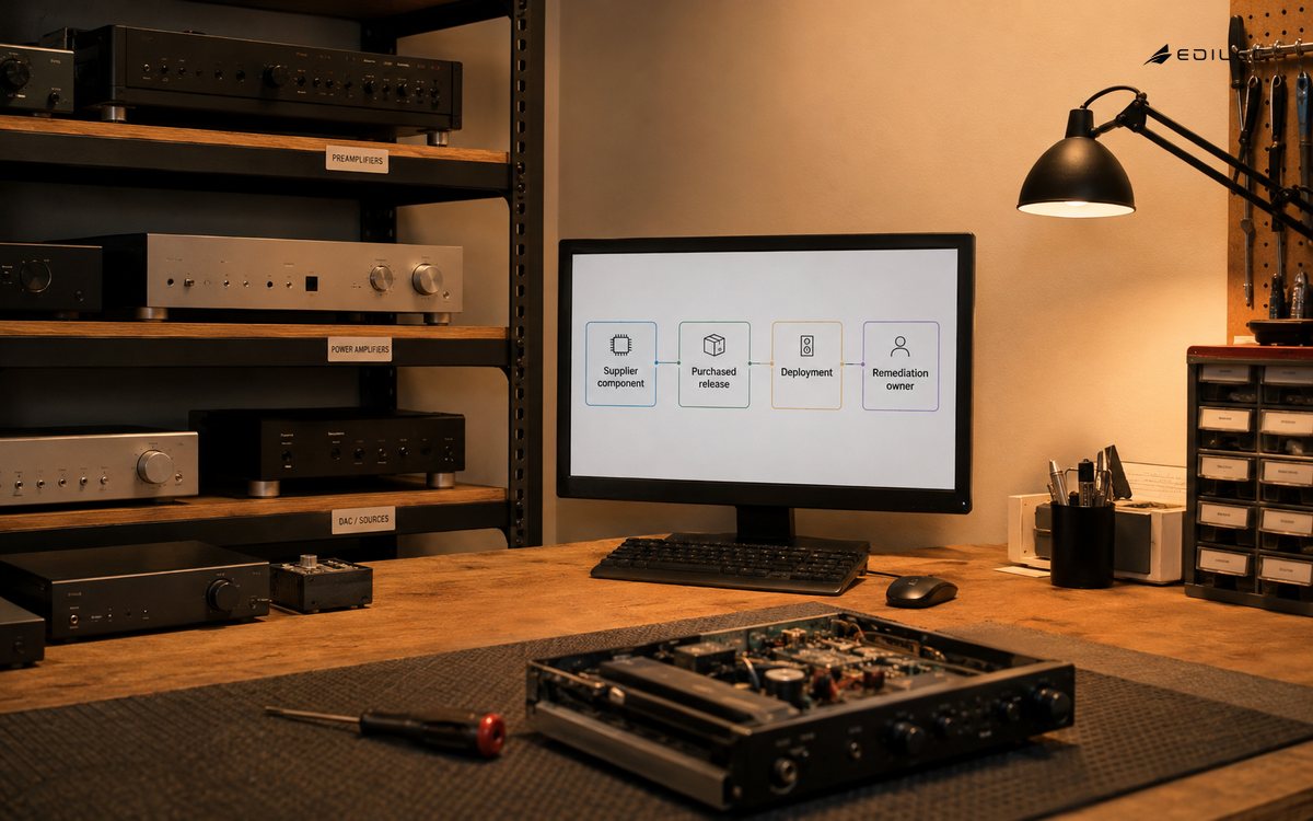 An audio equipment maker's firmware support corner, inactive units on shelves and small monitor.