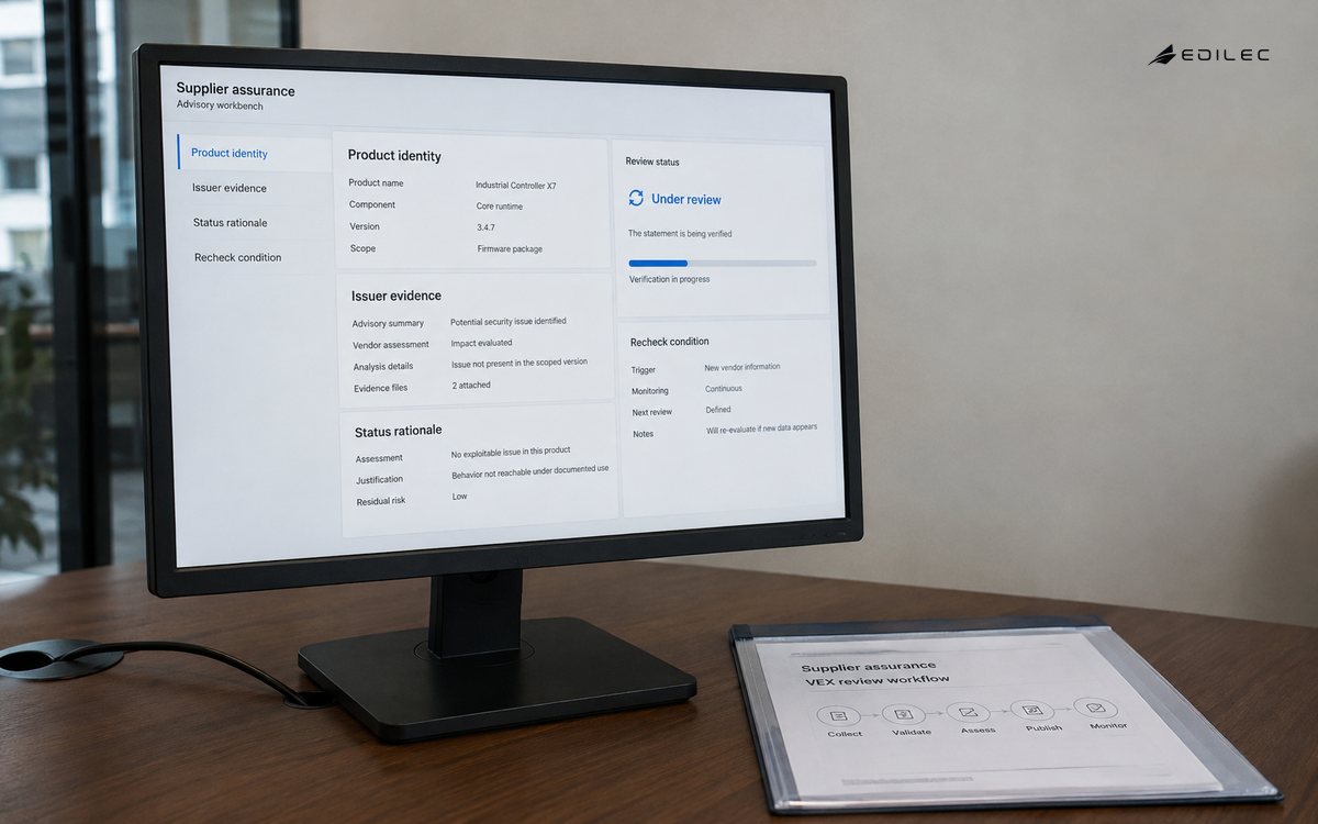 Monitor with visible housing in a supplier assurance office.