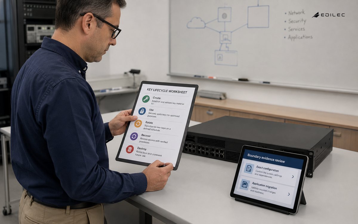 A standing infrastructure engineer reviewing a key-lifecycle worksheet beside an inactive security appliance and a small tablet in a clean training lab.