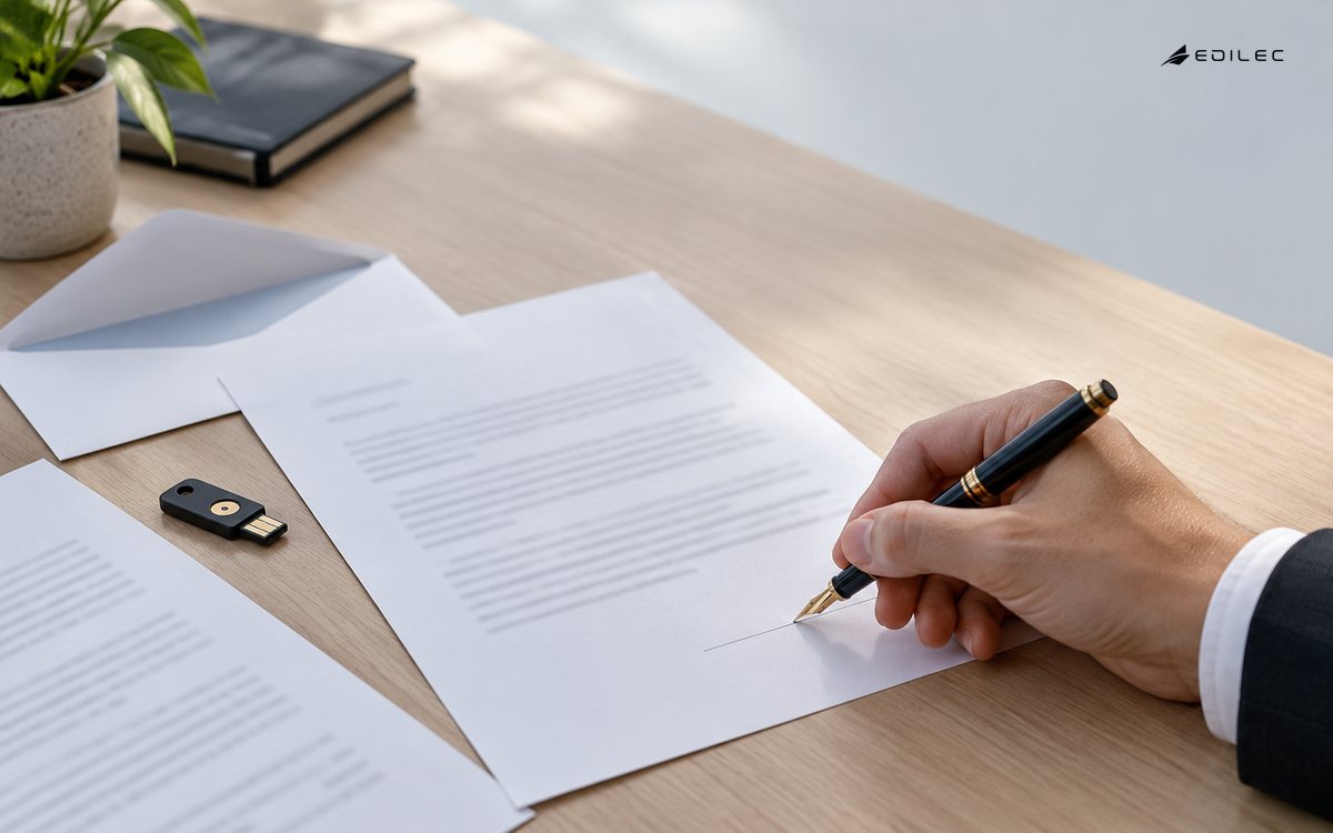 A hand with a fountain pen about to sign a printed letter on a desk, next to an opened envelope and a hardware security key.