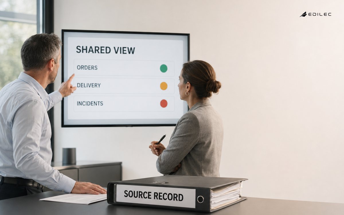 Two operations leaders compare a Shared View display for orders, delivery and incidents with a Source Record binder.
