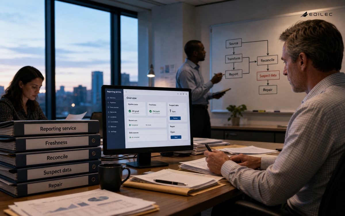 Wide photograph of a finance reporting room at dawn, source reconciliation folders and a small supported monitor on a shared table, soft blue window light.