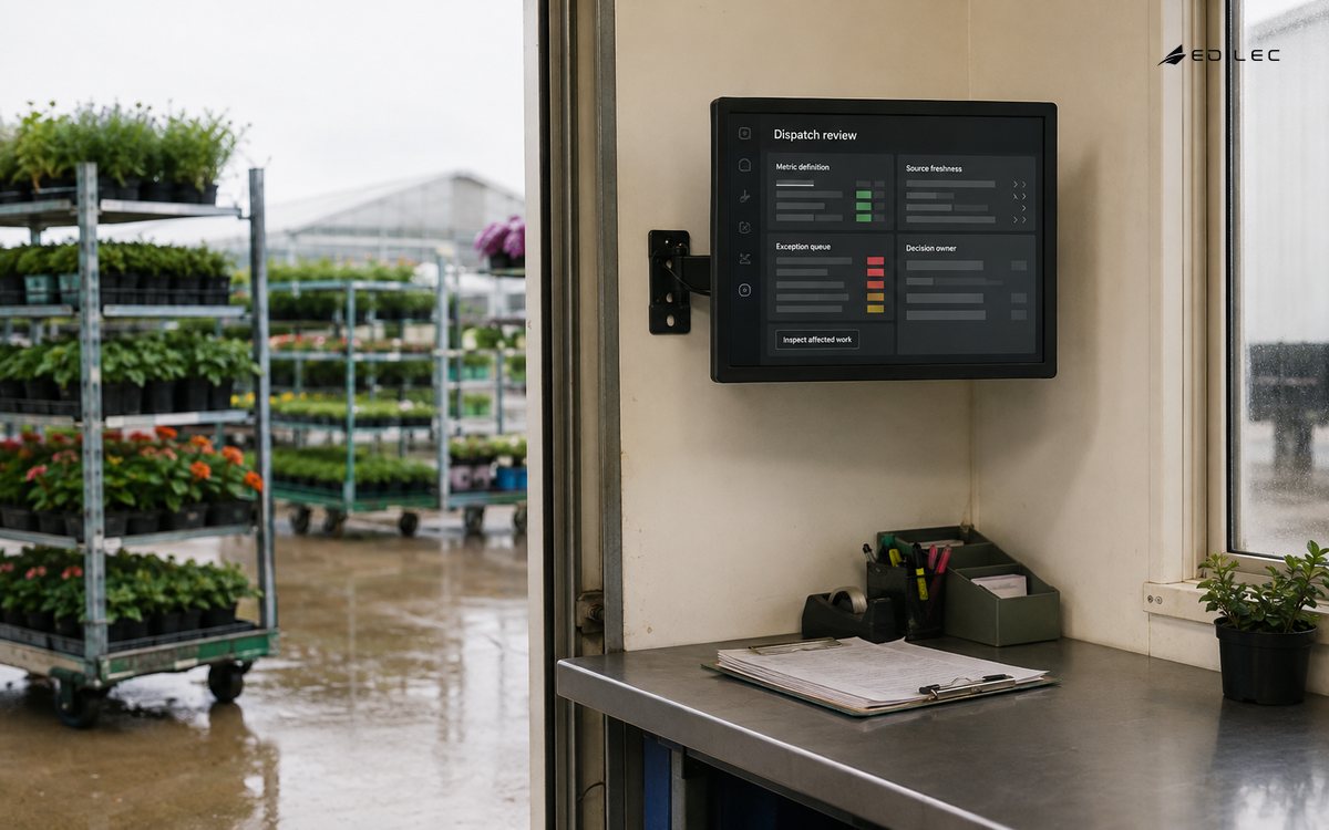 A nursery dispatch view connects metric definitions and freshness with exceptions and affected work.