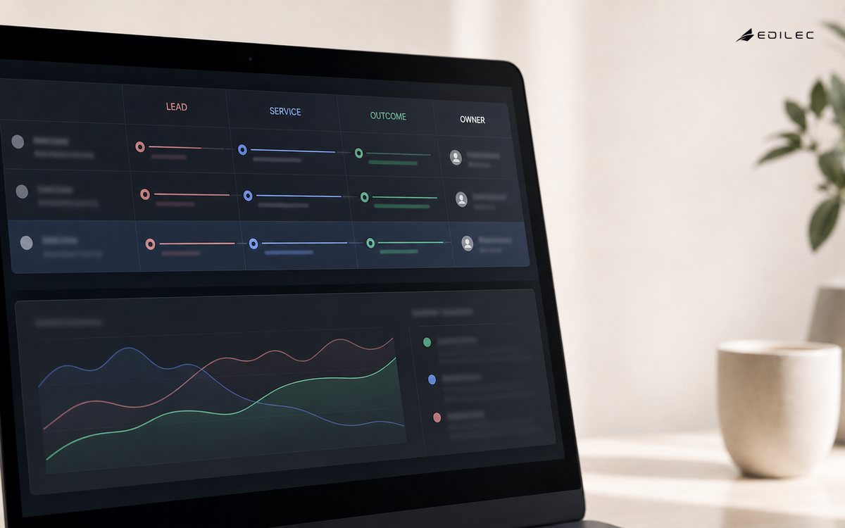 A customer-analytics application tracks Lead, Service and Outcome records with an accountable Owner.