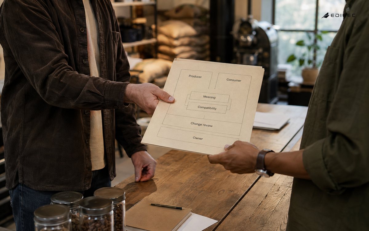 Standing colleagues hand over a paper data-contract plan with producer and consumer labels.