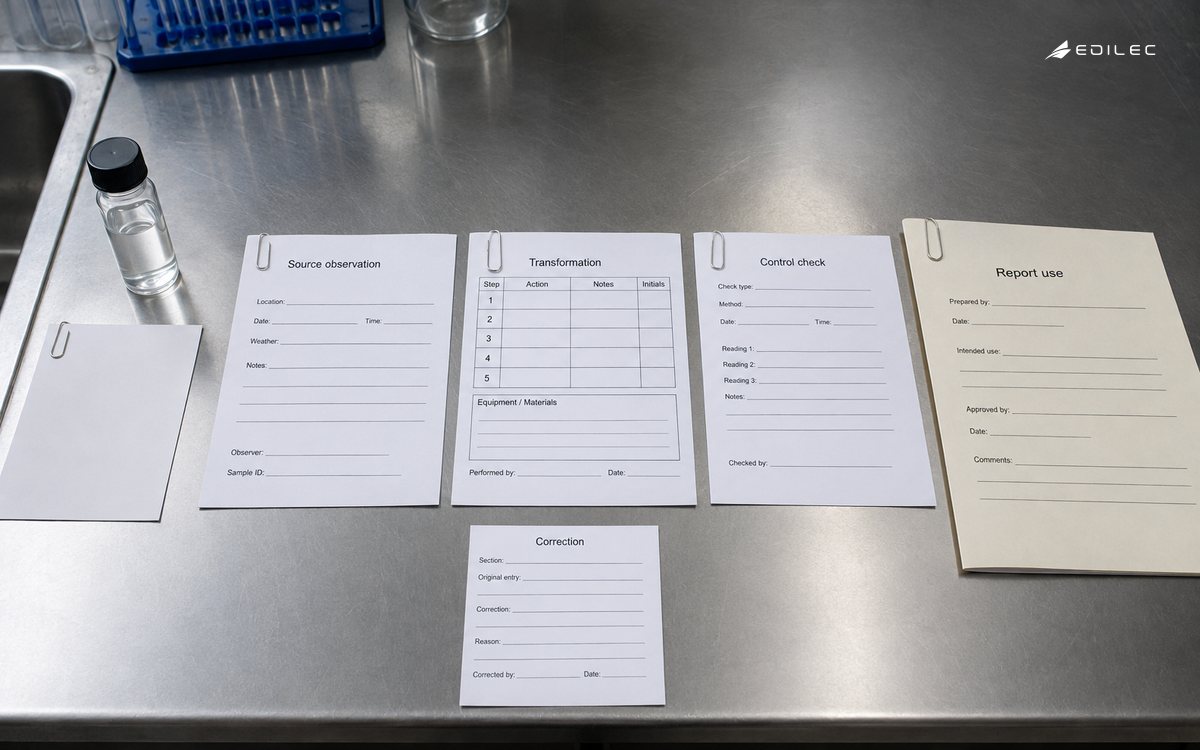 A source vial and paper trail connect observation, transformation and report use.