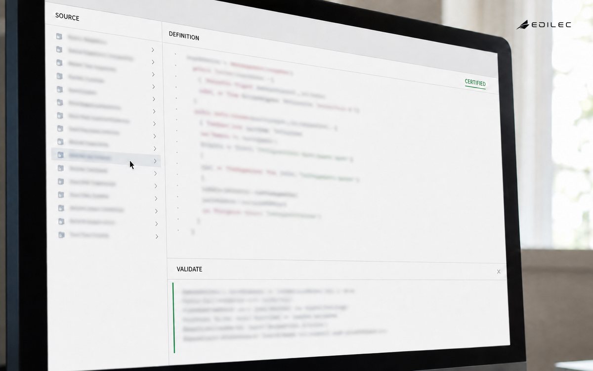 A data-modeling application shows Source, Definition, Validate and Certified states for a semantic layer.