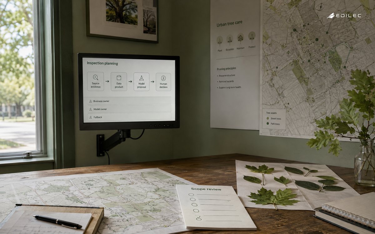A tree-care planning office links source evidence and a model proposal to human decision authority.
