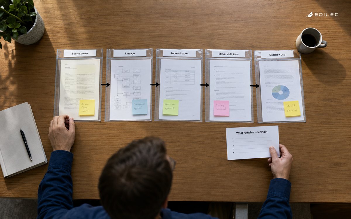 Evidence sleeves connect source lineage and reconciliation to a decision while preserving unresolved questions.