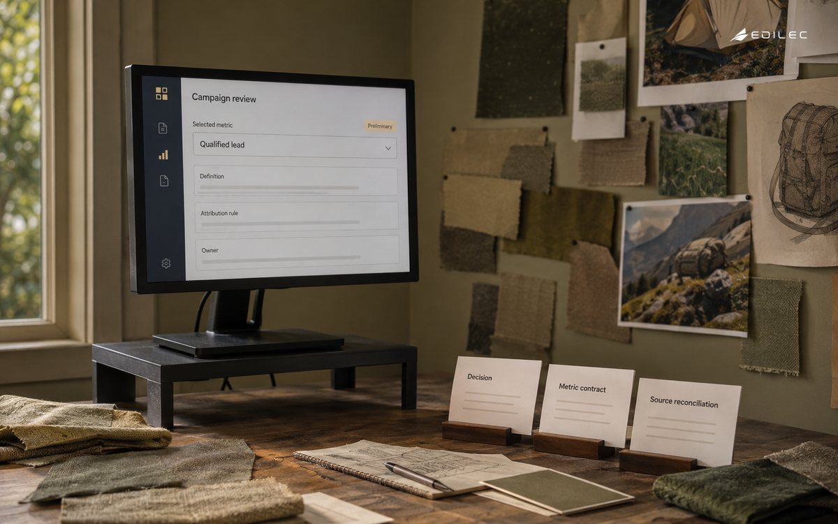 A campaign planning room pairs product samples with a preliminary marketing metric and its definition.
