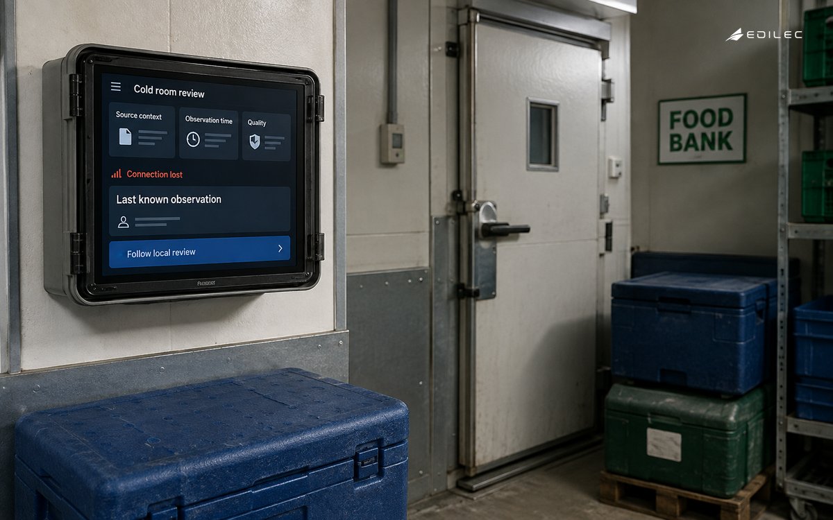 A cold-room anteroom shows a last-known observation during lost connectivity.