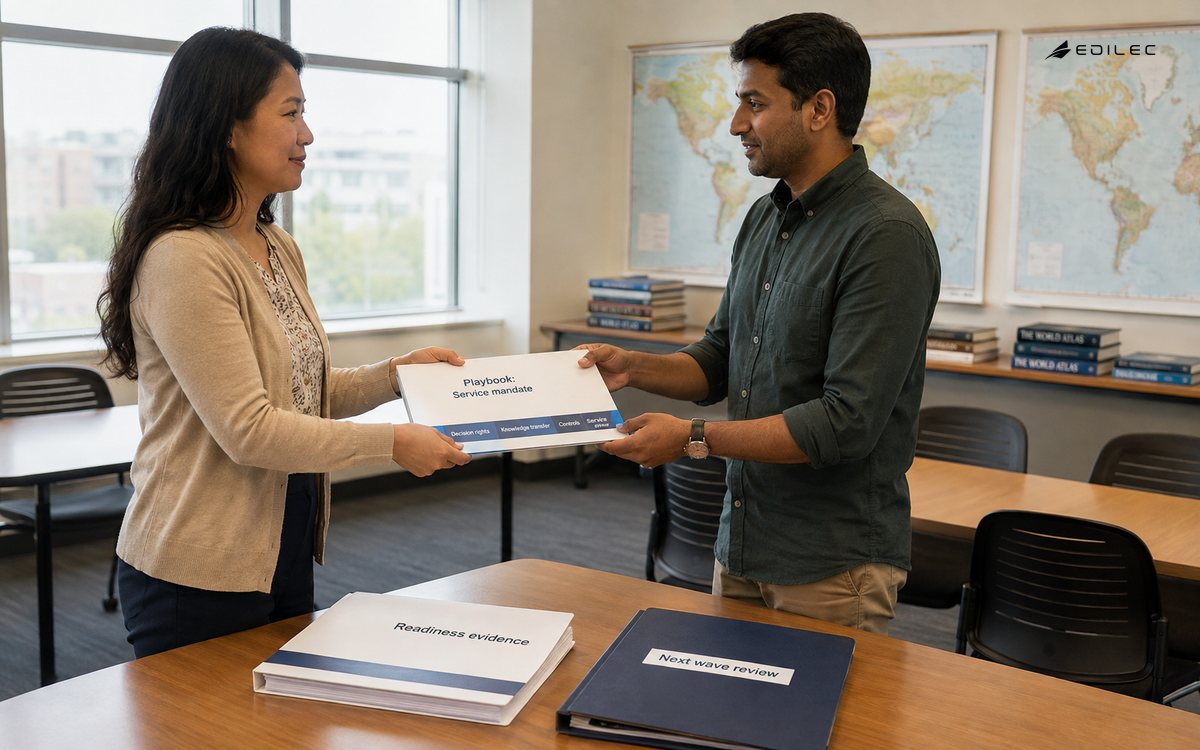 Colleagues hand over a service playbook and readiness evidence before a capability-center expansion.
