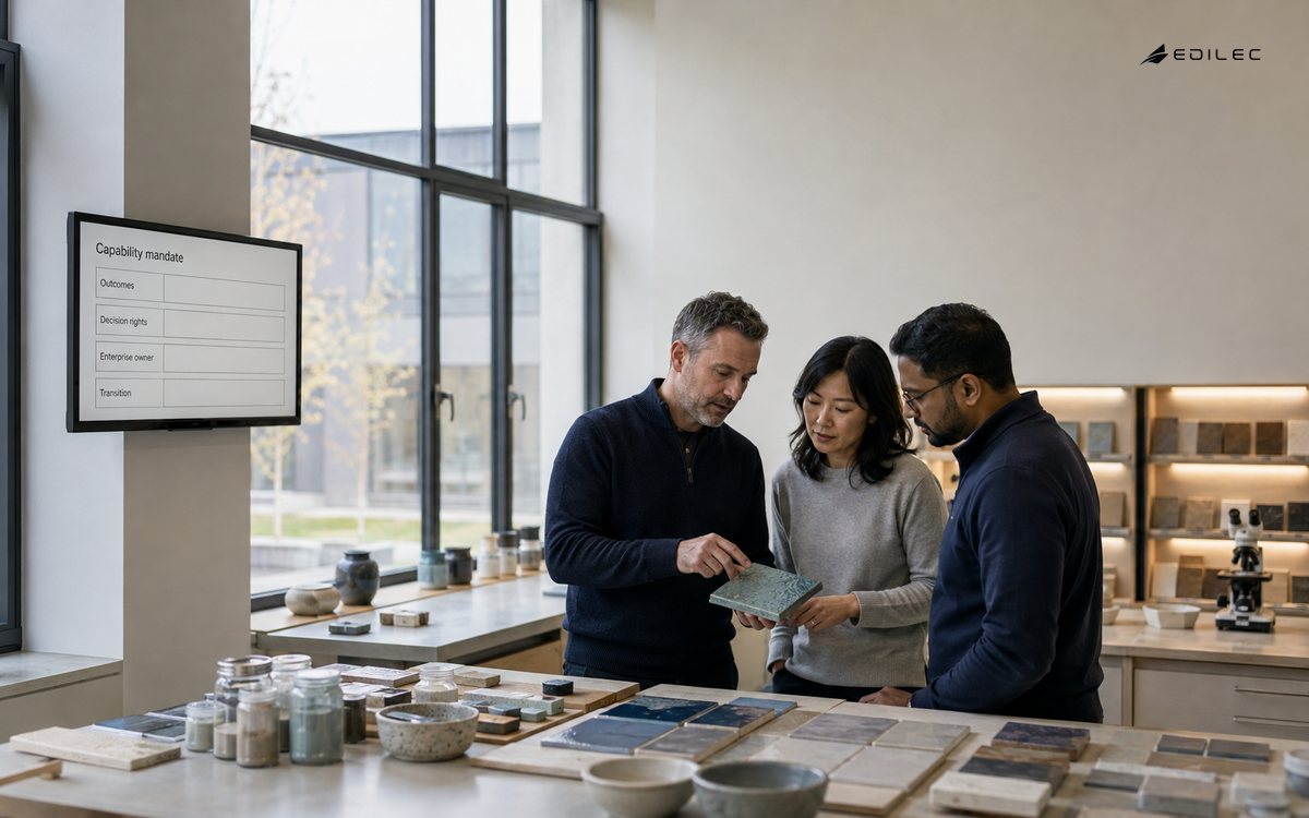 Specialists examine ceramic research samples beside a small capability mandate display.