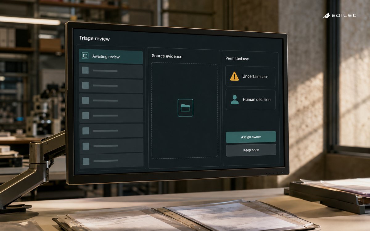 A triage-review interface keeps an uncertain case open for a human decision and source review.