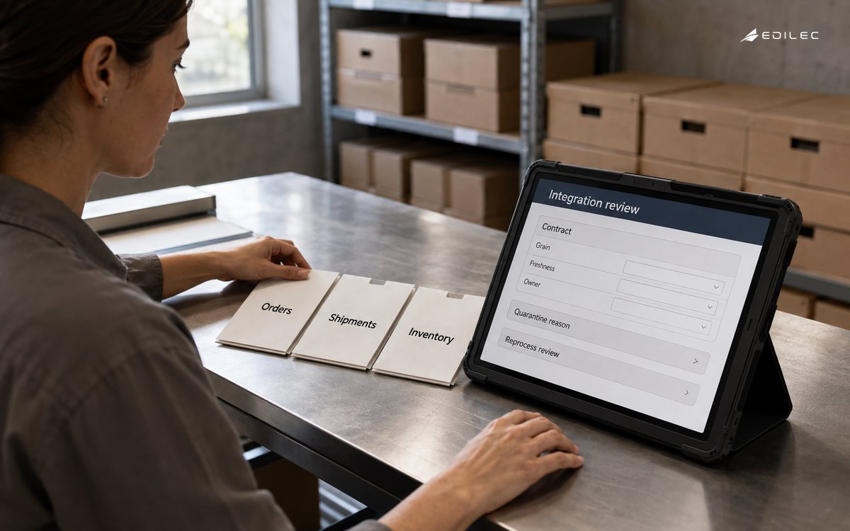 An analyst compares order, shipment and inventory records with an integration review interface.