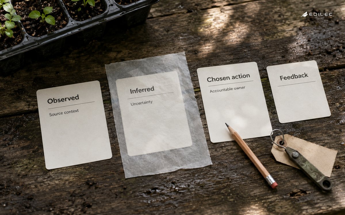 Greenhouse decision cards distinguish observations, inferences, chosen actions and feedback.