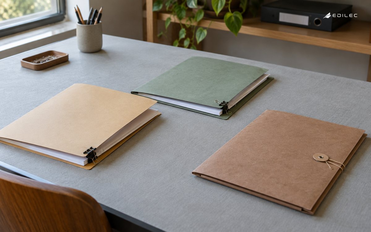 Three separate document folders on a methods-room table include one closed string-fastened folder.