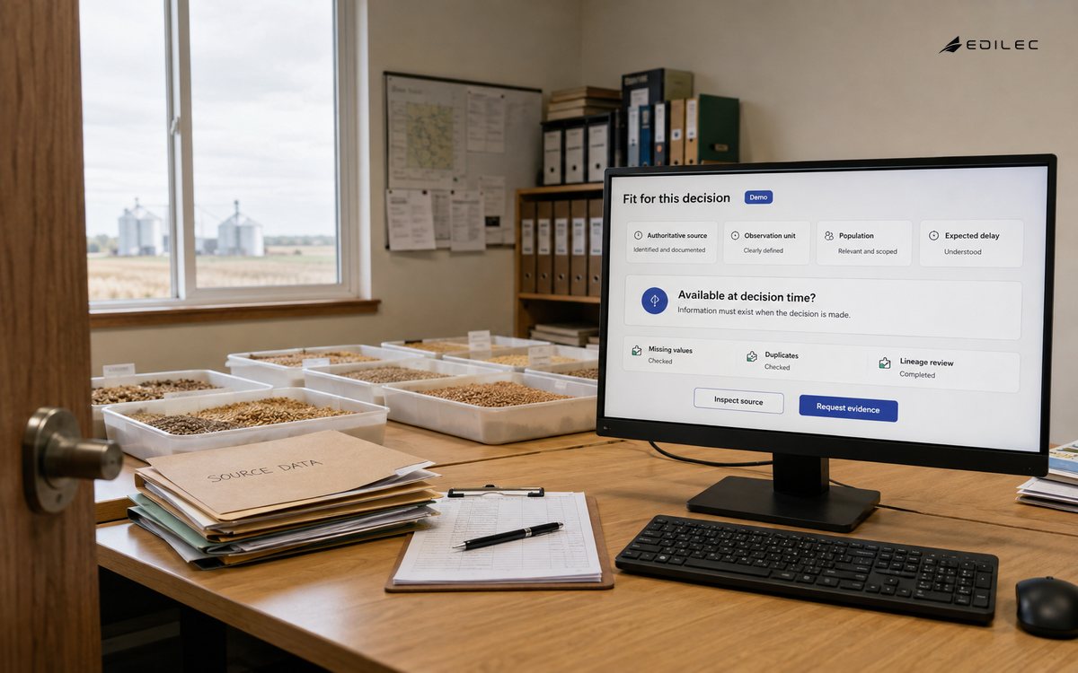 A seed-cooperative office reviews source, population and decision-time availability before using data for AI.