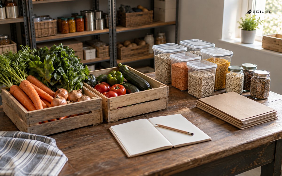 Pantry produce and stock containers arranged beside an open ledger and delivery folders.