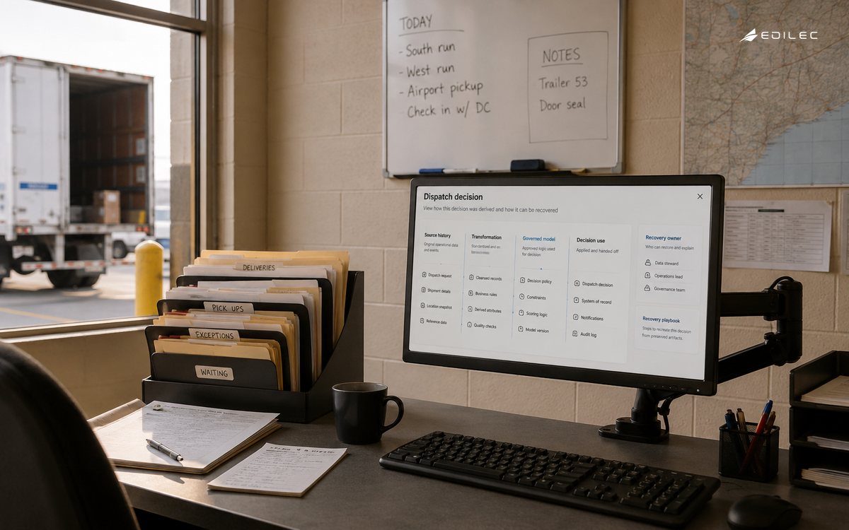 Wide photo of a small freight cooperative dispatch room, delivery folders and a small opaque terminal on arm.