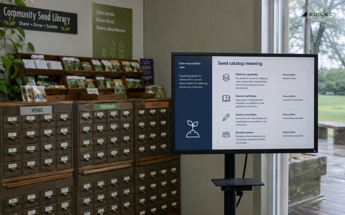 Wide photo of a community seed library catalog corner with seed cabinets and a modest opaque screen on a stand.