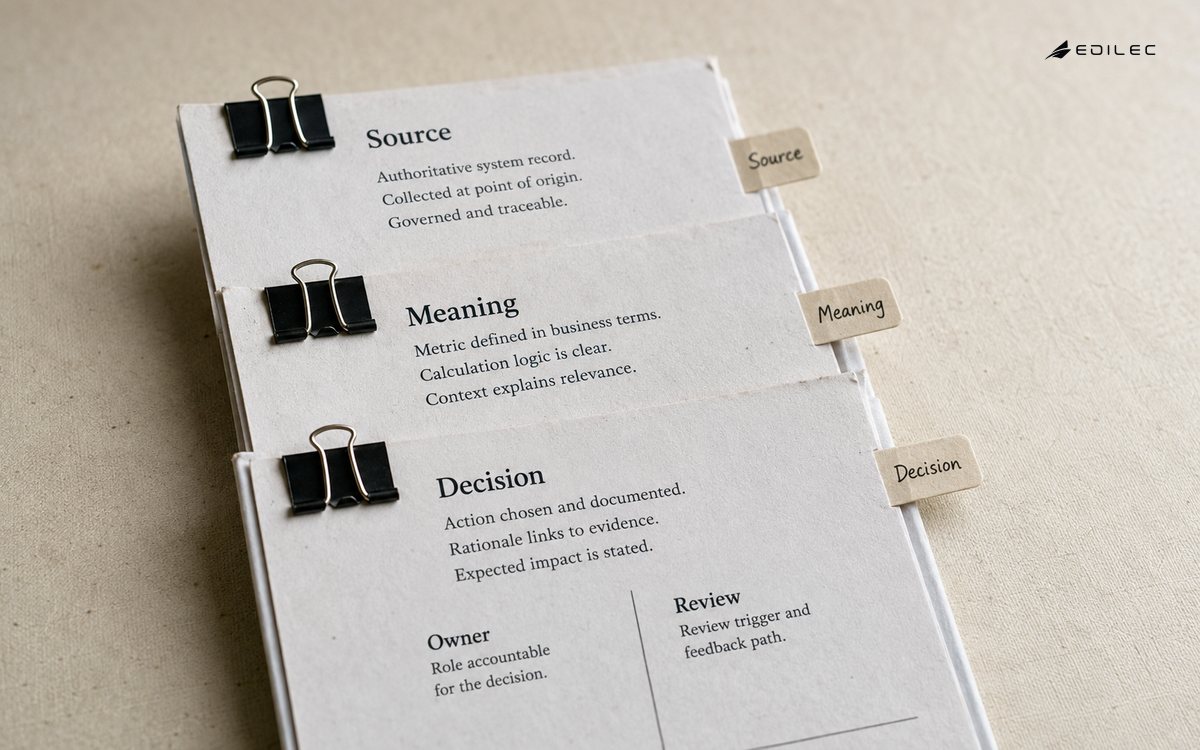 Oblique macro editorial photograph of a linked paper evidence packet on a textured cream table: source note, metric definition and decision memo joined by plain binder clips and narrow paper tabs.