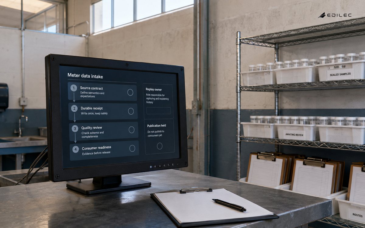 A data-intake room shows a source-to-consumer path held for quality review.