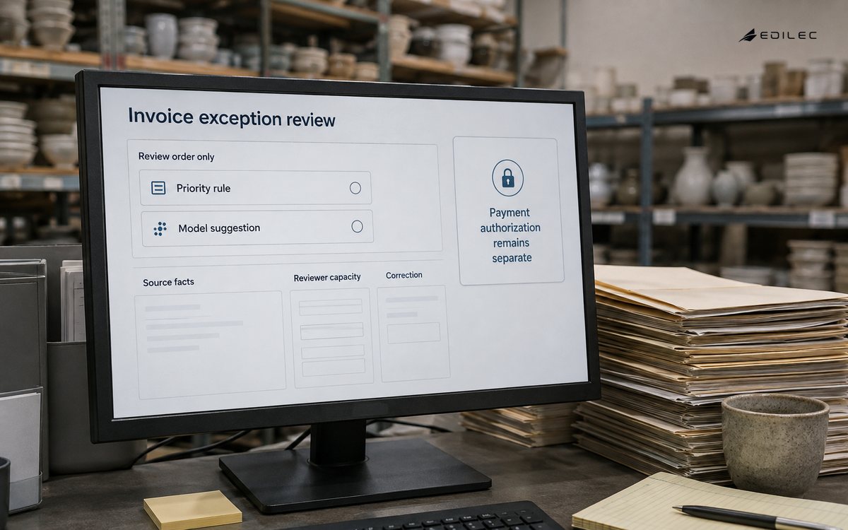 An invoice-exception interface separates suggested review order from payment authorization.