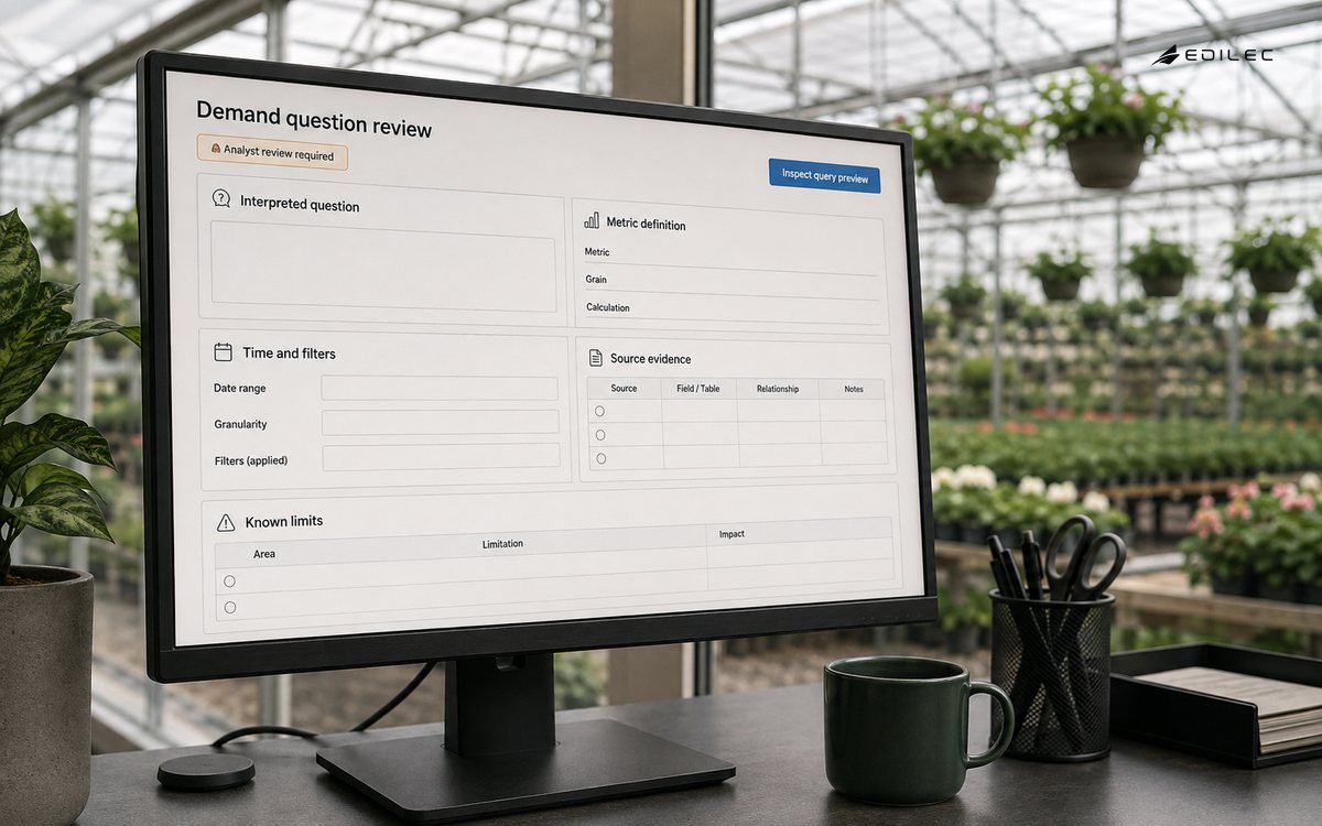 A nursery analytics console exposes the interpreted question, metric definition and sources for analyst review.
