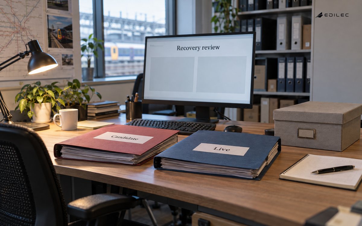 Separate Candidate and Live folders sit beside a Recovery review monitor in a data operations workspace.