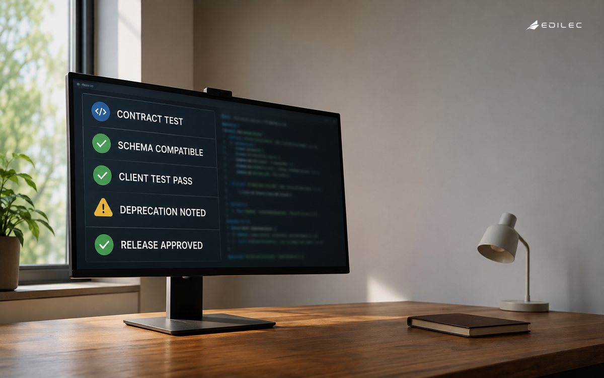 API contract test screen at an engineering workstation showing compatibility, client test, deprecation and release checks.