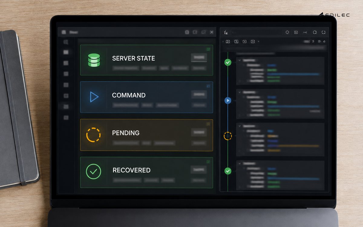 An operations application shows Server State, Command, Pending and Recovered states beside a code view.