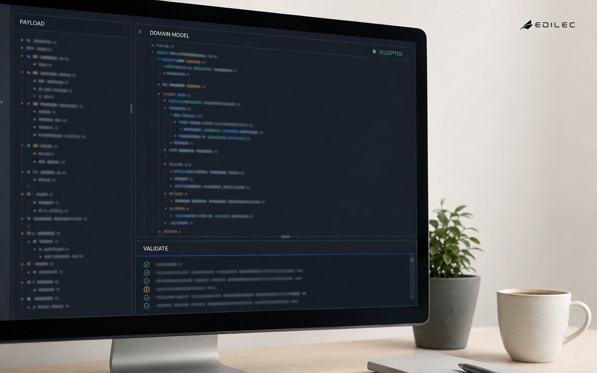 A TypeScript workspace maps a Payload into a Domain Model and shows Validate and Accepted results.