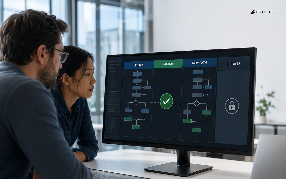 Two software engineers review legacy, matched, new-path and cutover states on a modernization planning screen.