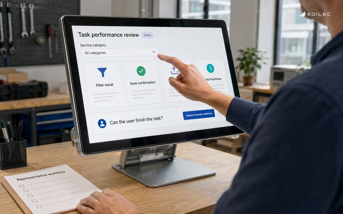 A standing analyst checks filter behavior and task states on a supported dashboard-review display.