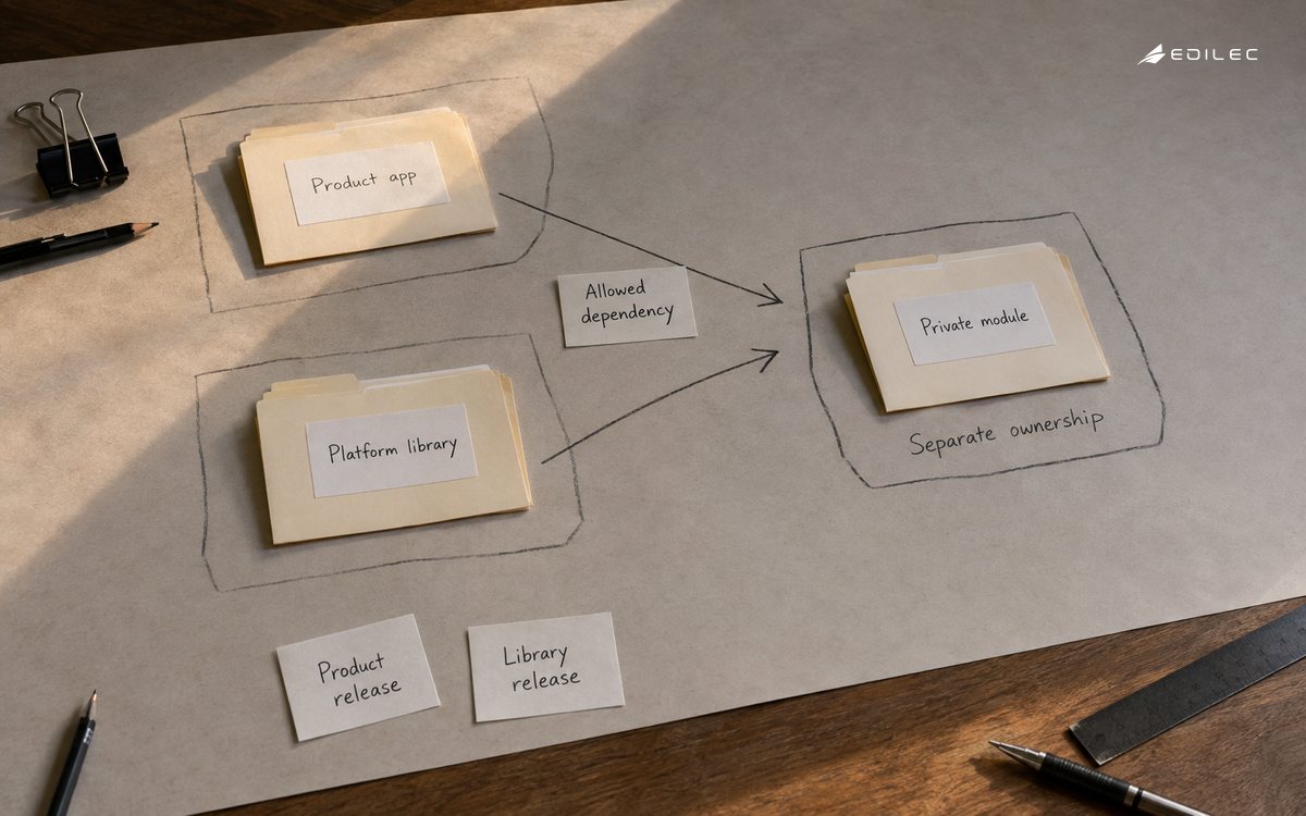 A paper project map shows an allowed platform dependency with ownership boundaries and separate release cards.