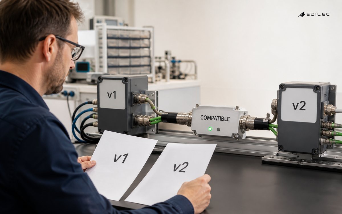 An engineer compares v1 and v2 interface modules connected through a Compatible migration bridge.