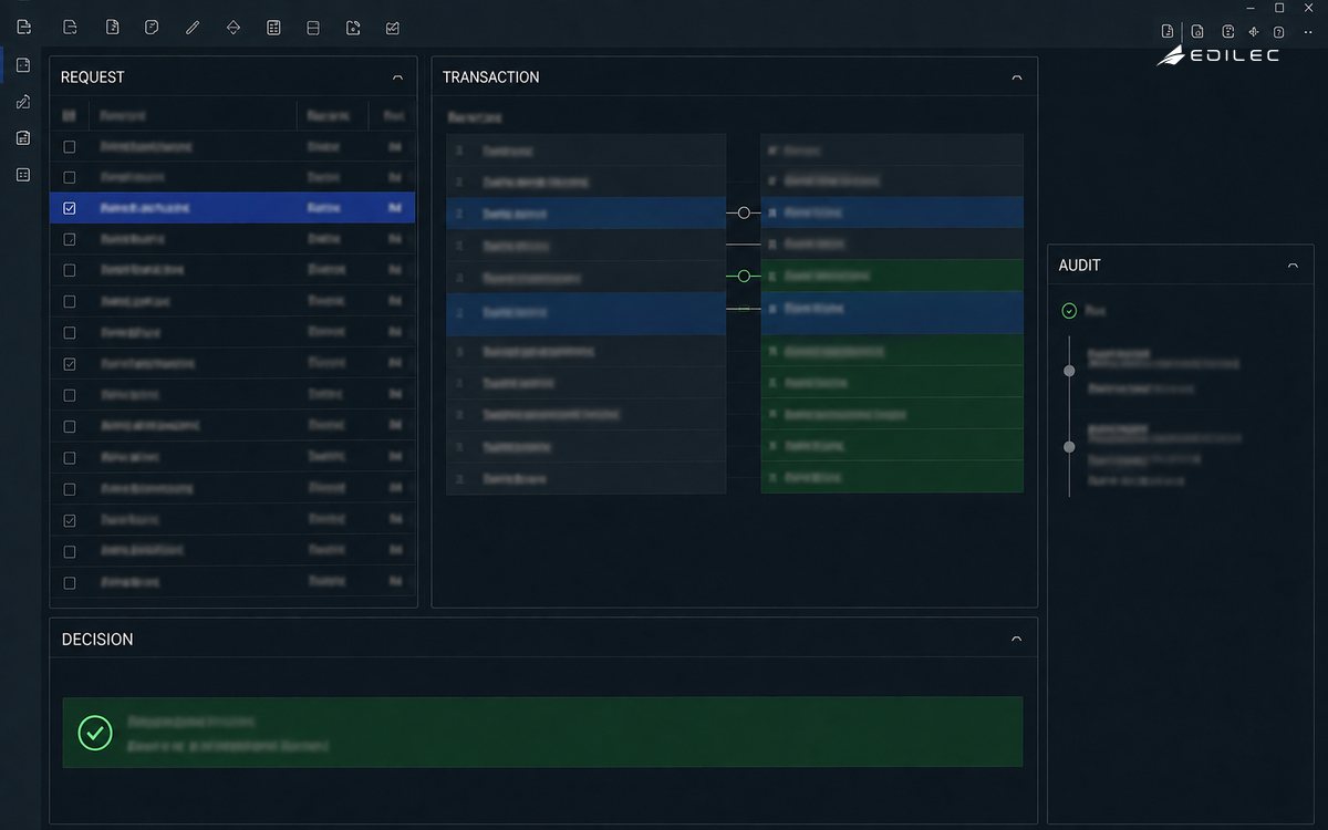 A database design application compares Request and Transaction records with Decision and Audit evidence.