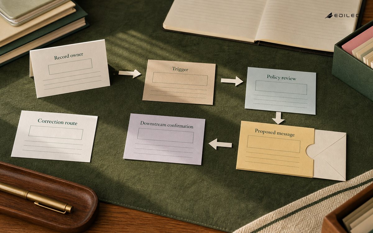 CRM workflow cards separate a trigger and policy review from a proposed message and downstream confirmation.