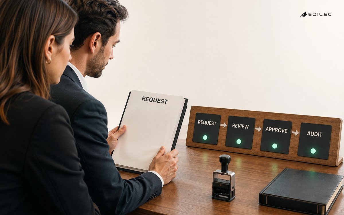 Two finance professionals review a request packet beside a Request, Review, Approve and Audit control board.