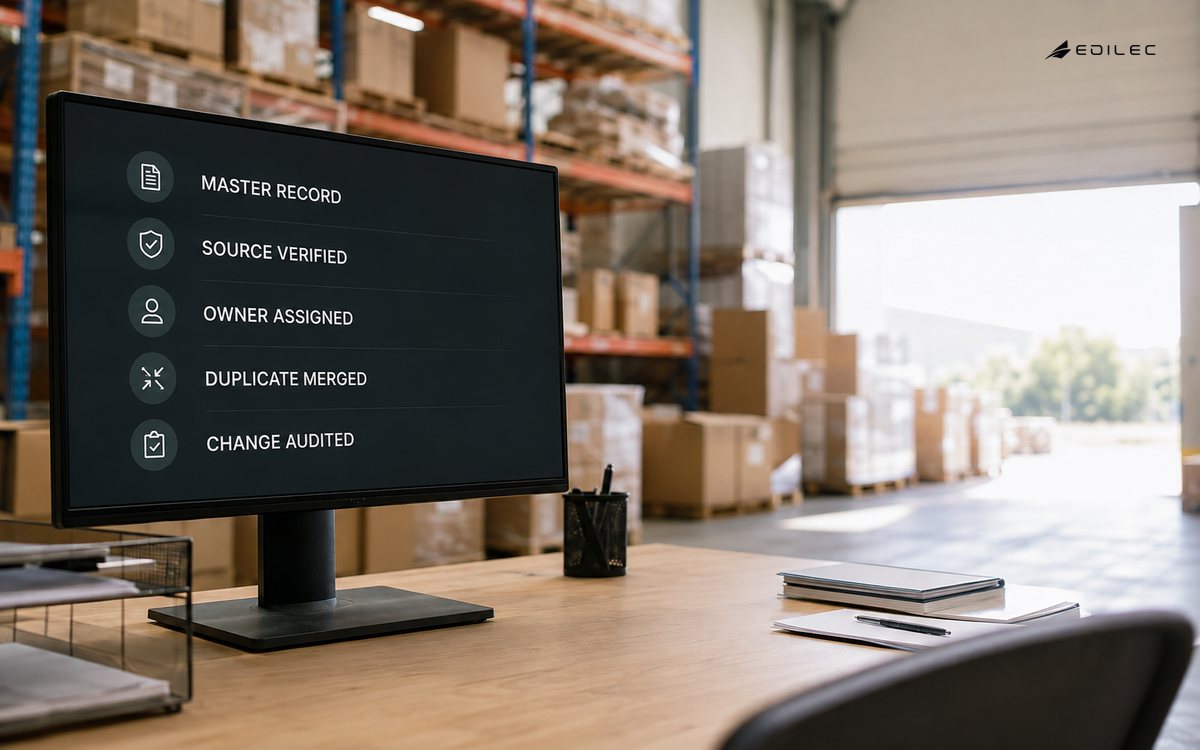 Warehouse master-record screen showing source verification, assigned ownership, duplicate merge and audit status.