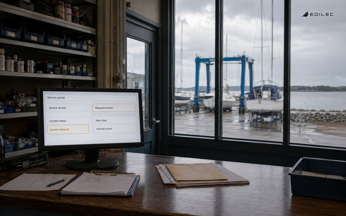 A boatyard service portal makes a delayed source update and the next review step visible.
