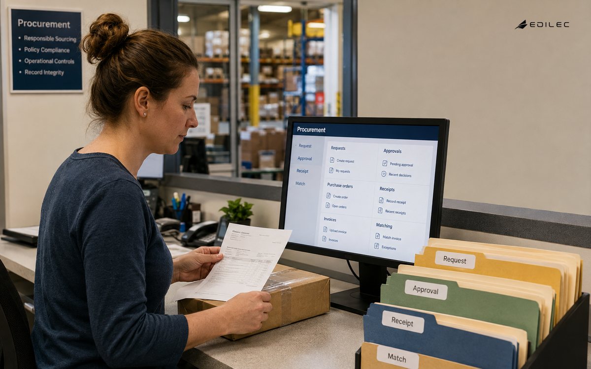Medium photograph at a purchasing office receiving counter, orderly request, purchase-order and receipt folders beside a small supported monitor.