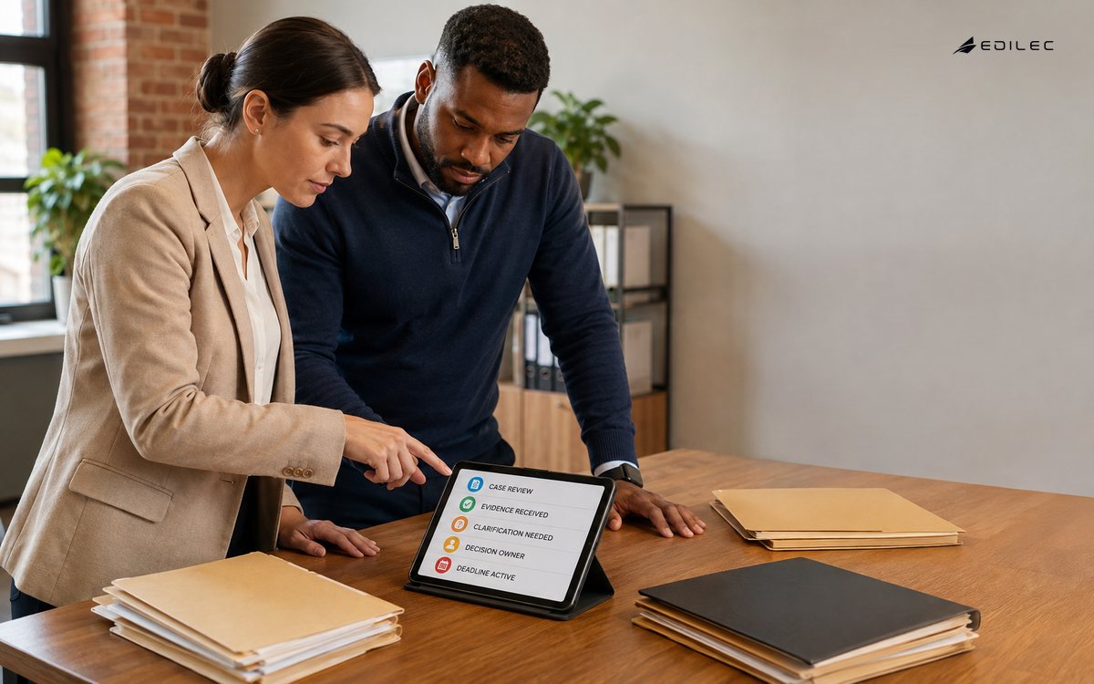 Two service practitioners reviewing a shared case-management tablet with evidence and decision states.