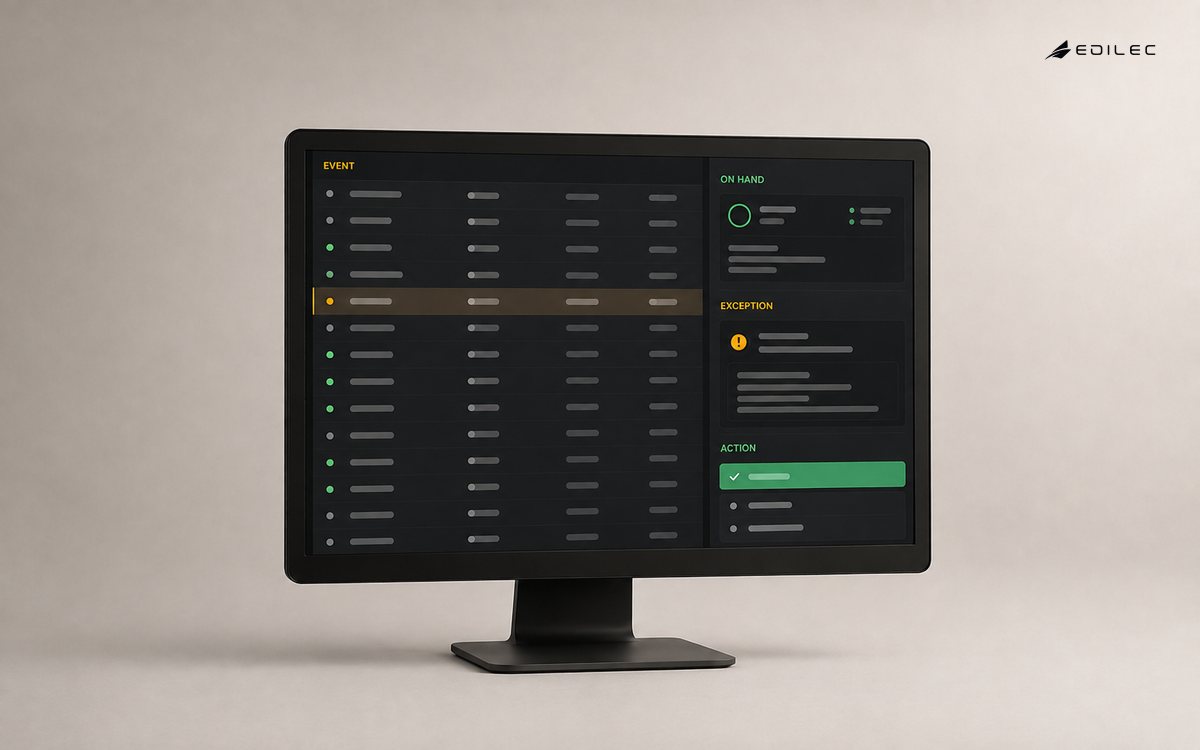 An inventory application connects an Event to On Hand status, an Exception and a recorded Action.