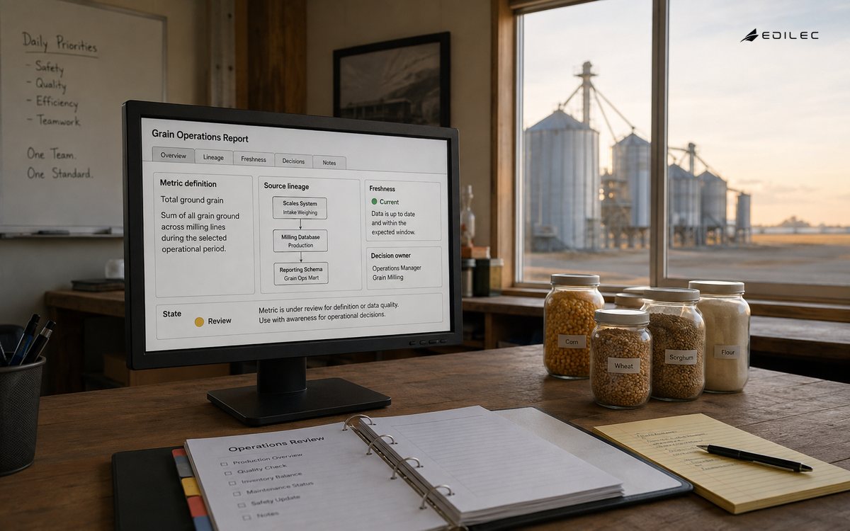A grain-mill planning office reviews reporting definitions and source freshness.