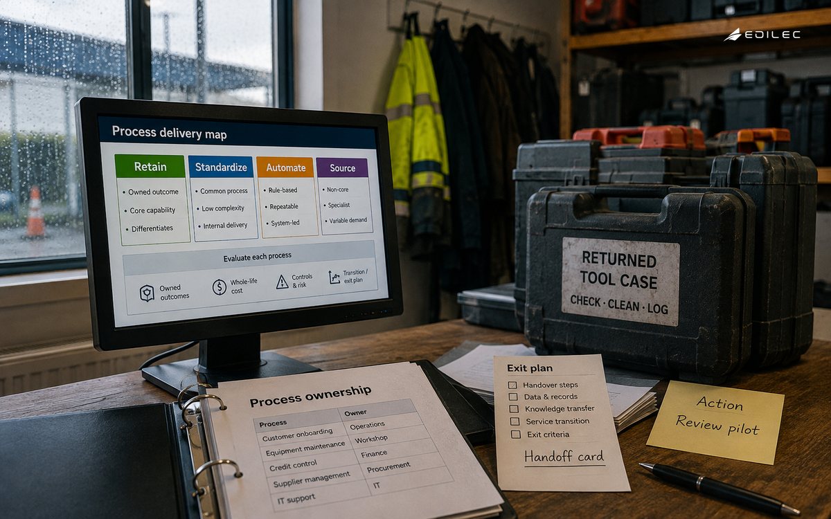 A tool-hire office compares process delivery choices and an exit plan.