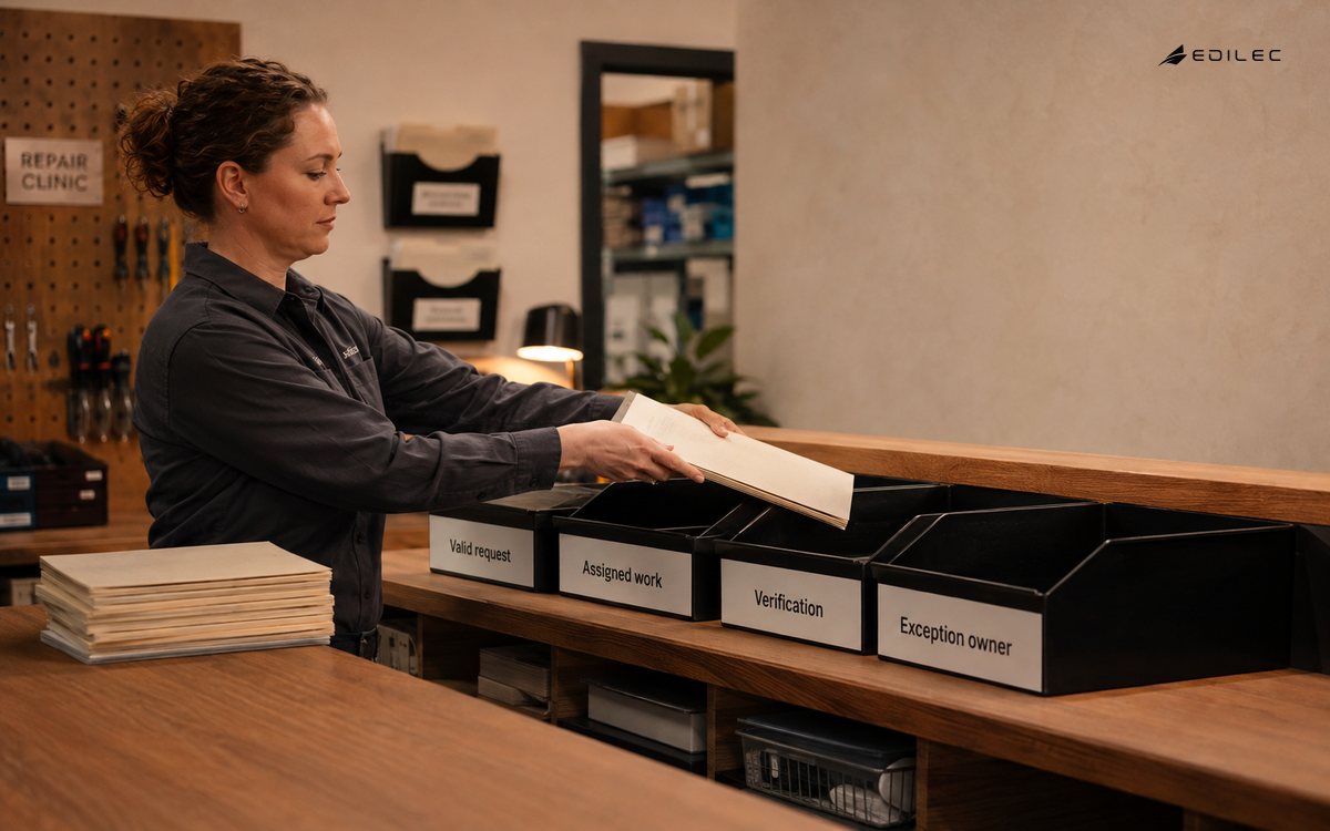 Hands move a service request toward a separate verification tray.