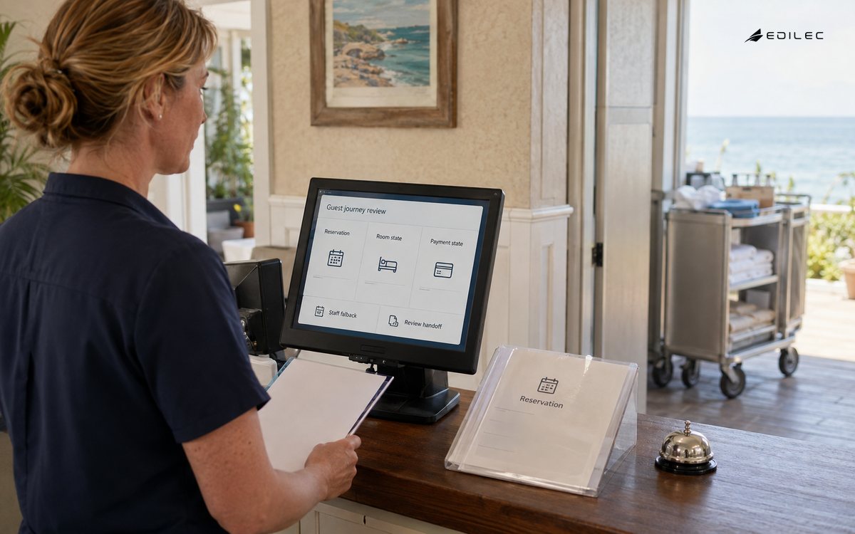 A guesthouse supervisor compares reservation, room and payment review records at a handoff.