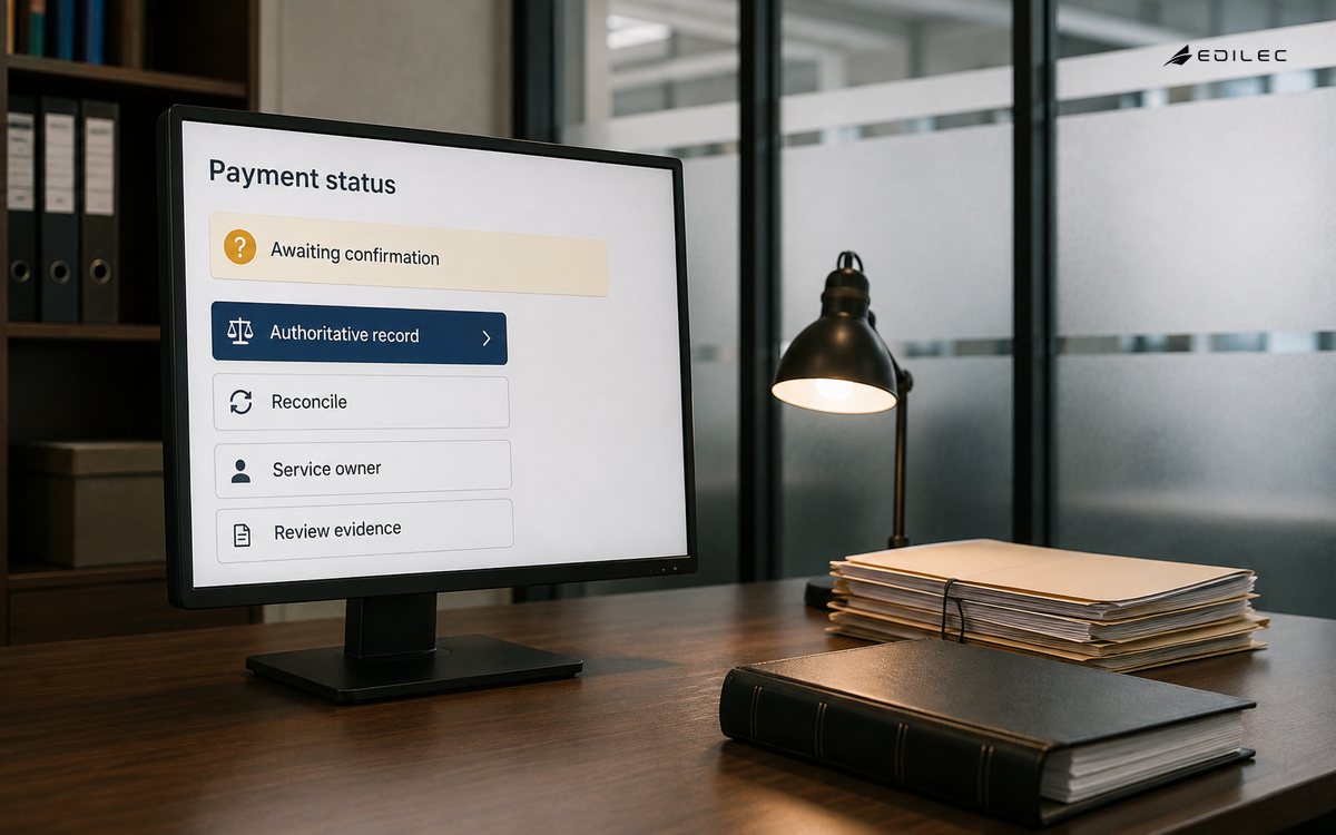 A bank back-office corner pairs payment-status review with authoritative records and reconciliation.